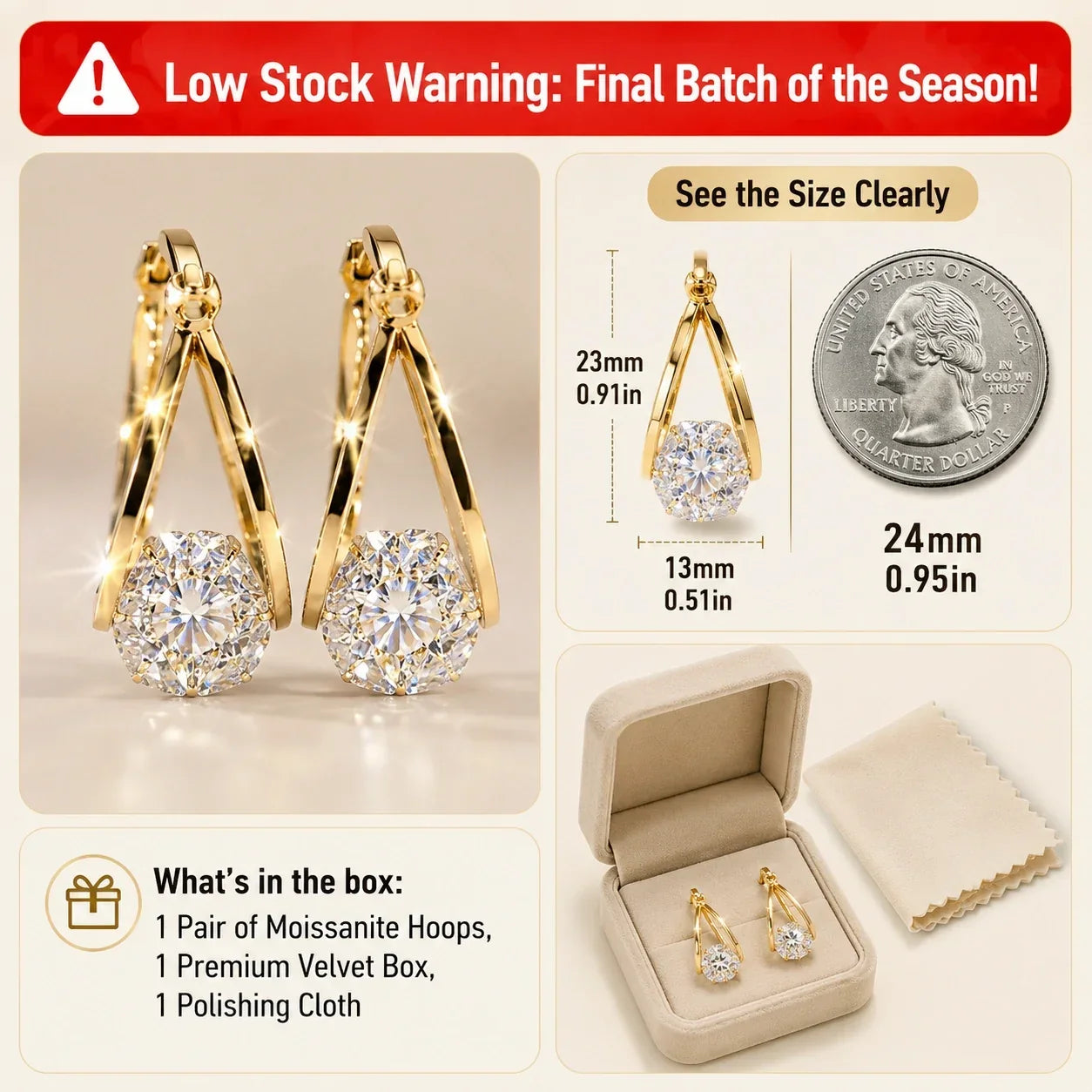 🔥🔥 LAST DAY 90% OFF: 1-Second Easy-Snap VVS1 Flawless Moissanite Suspended Hoop Earrings in Triple 14K Gold over 925 Silver