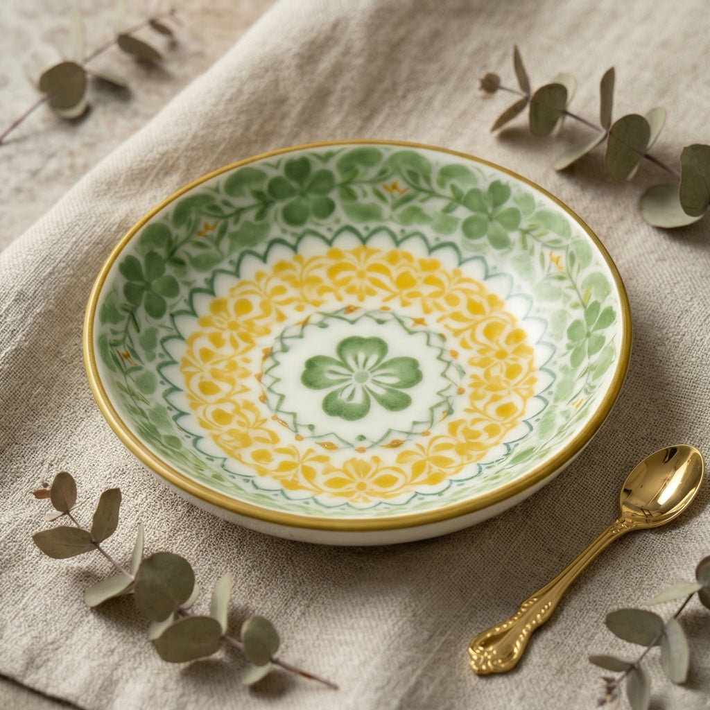 Vibrant Green & Yellow Floral Ceramic Plate