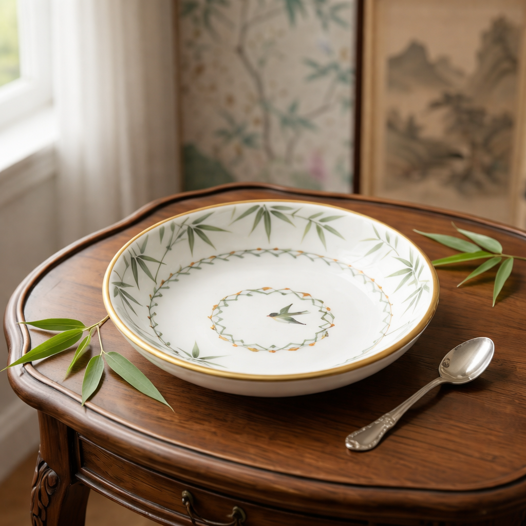 Elegant Bird & Bamboo Ceramic Dessert Plate